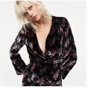 Zara Trafaluc Collection Black Velvet Floral Print Wrap Top - Size S